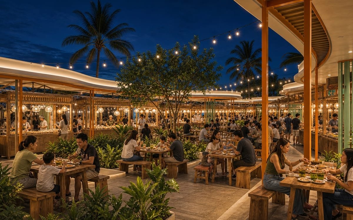 Indicative Tinung shared dining garden surrounded by Thai food vendors at blue hour