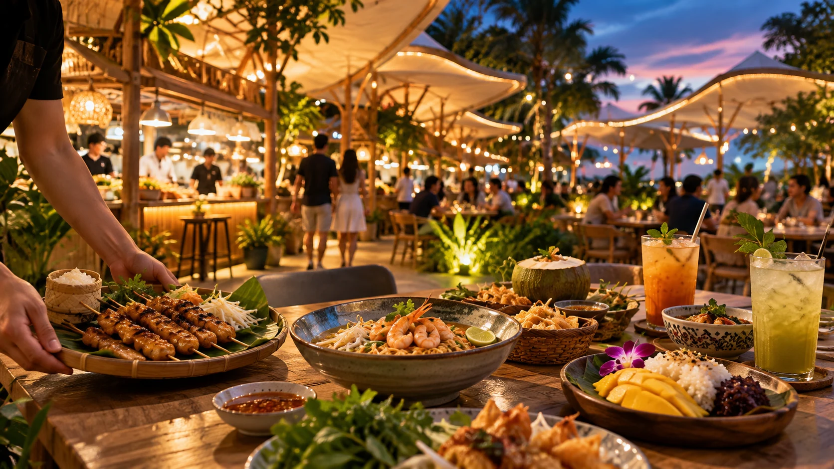 Editorial concept image of Thai food spread with grilled skewers, noodle dishes, drinks and fruit desserts