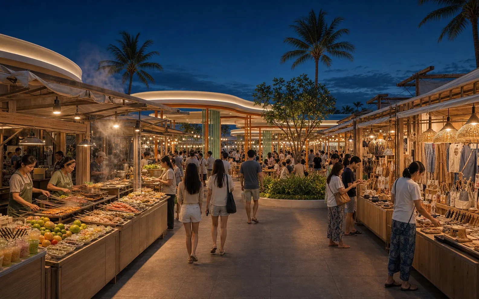 Architectural concept showing food and retail lanes beneath Tinung’s curved roofs