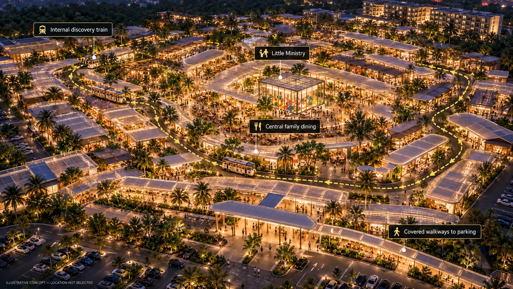 Illustrative aerial of an illuminated Tinung market concept with meandering train circulation between market zones and a central glass family pavilion