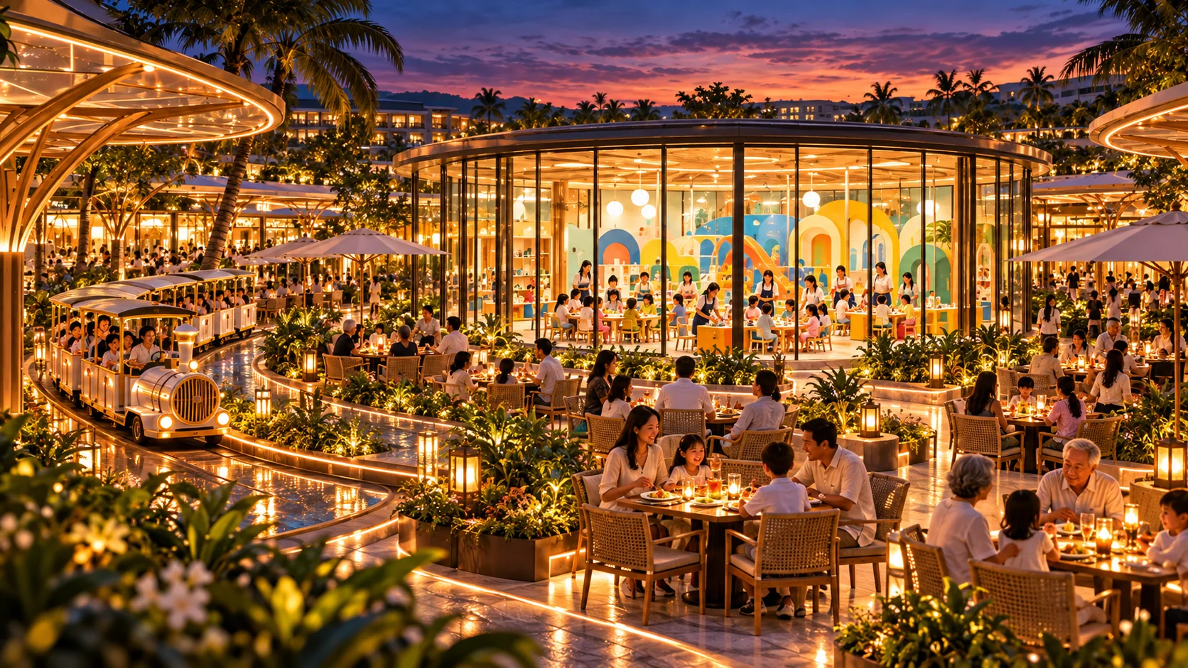 Illustrative Tinung scene: a shared family heart. The proposed glass-walled Little Ministry pavilion within a central shared seating area, so families remain near one another.